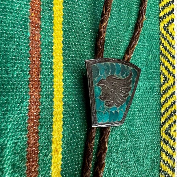 VINTAGE Mexican Sterling & Malachite Bolo Tie - Picture 5 of 7